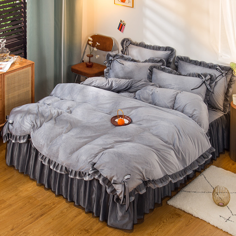 Coral fleece bed skirt four-piece winter double-sided plus velvet three-piece farai quilt cover milk flannel bedding
