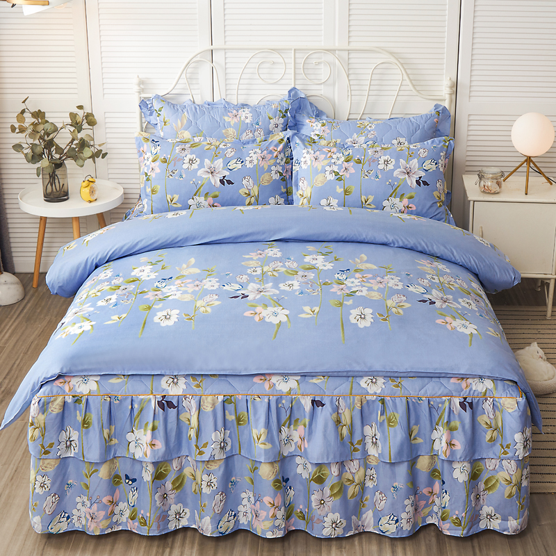 Autumn and winter quilted bed skirt four-piece thick cotton quilt cover bedding skirt cotton bed cover three-piece set