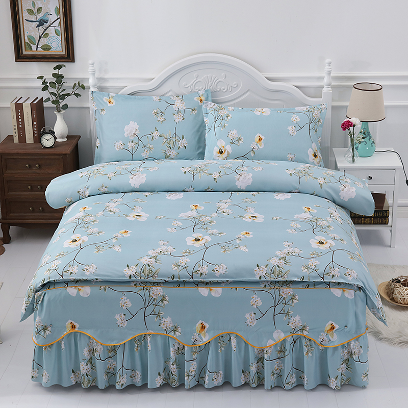 Four seasons of non - slip European four - piece cotton cotton student dorm sheet lace bed - bed skirt 4 piece set