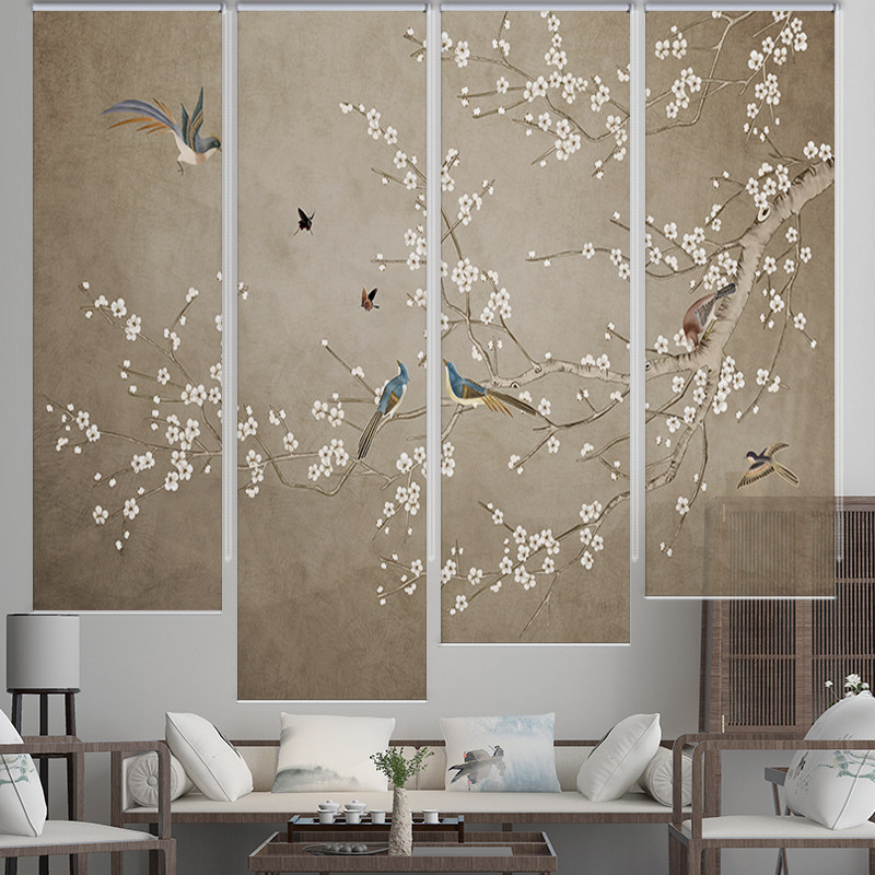 Curtains translucent office shading beaded flower and bird meticulous painting custom manual rolling shutter soft partition screen hanging curtain