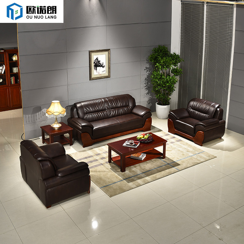 Office sofa Chinese business guests reception sofa genuine leather trio Place owner Office sofa tea table combination