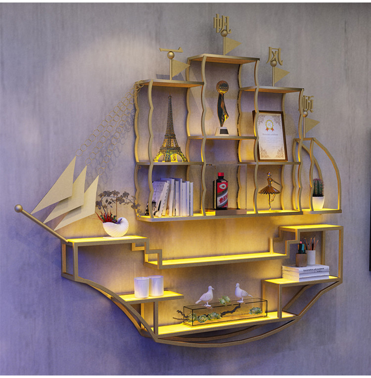 Bar barbecue wrought iron wall hanging decoration luminous net red sailboat map wine beer storage display wine rack bookcase