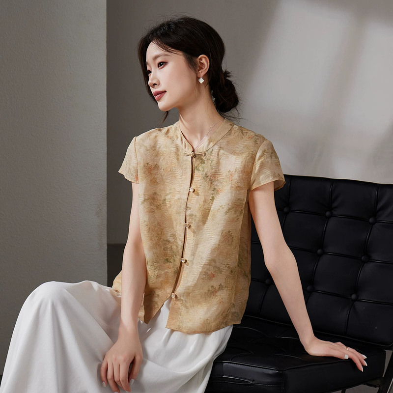 Beiluo La Silk Shirt for Women, Short Sleeve, 2026 Summer New Style, New Chinese Style, National Style Stand Collar, Mulberry Silk Top with Button Closure