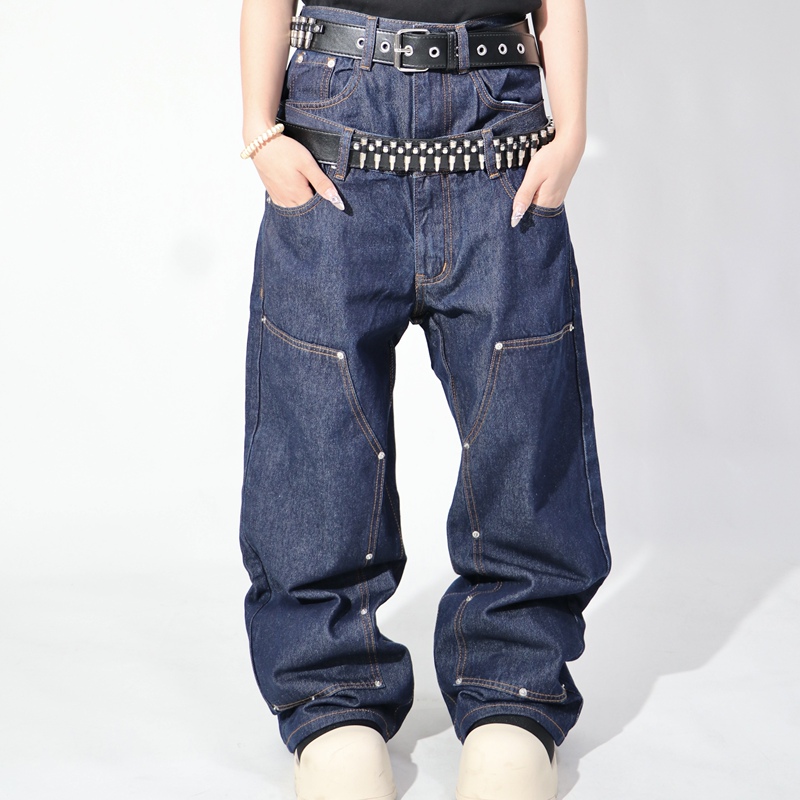 Yizilingf American-Style Niche Double-Waist Faux Two-Piece Jeans for Men and Women, Loose Dark Blue Straight-Leg Long Pants, Trendy Yizilingf American-Style Niche Double-Waist Faux Two-Piece Jeans for Men and Women, Loose Dark Blue Straight-Leg Long Pants, Trendy