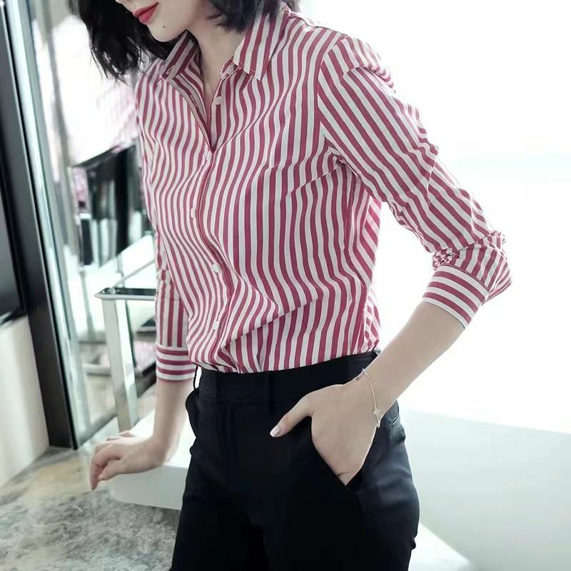 New Spring Long-Sleeve Shirt, Striped, Simple, Red, Versatile, Comfortable, Slim-Fit, Commuter Shirt, Elegant, Slim-Fit, Trendy for Women