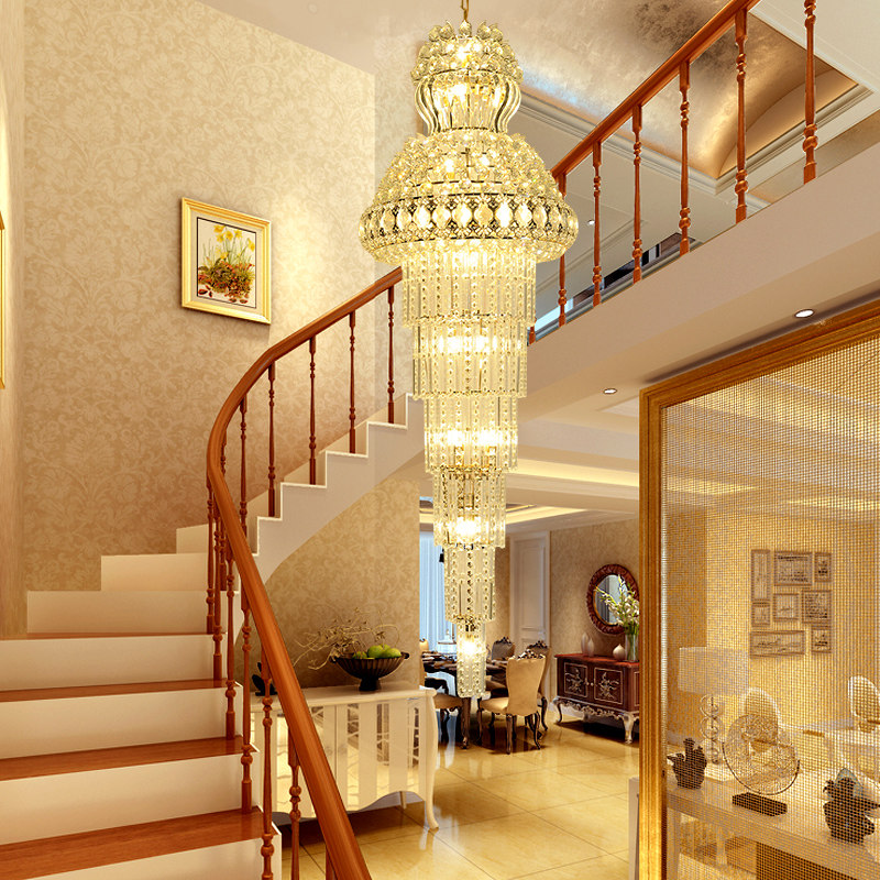Modern minimalist double-entry building spiral staircase lamp long chandelier European-style hotel villa living room crystal lamp luxury atmosphere
