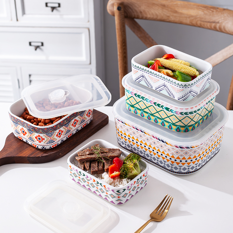 Ceramic rectangular sealing bowl with microwave oven heating lunchbox rice bowls Cereals Fruit And Vegetable refrigerators sealed refreshing bowls