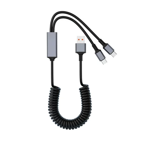 Пружинный телескопический угловой автомобильный кабель для сверхбыстрой зарядки «один к двум», подходящий для мобильных телефонов Huawei, Apple, iPhone15, кабель для быстрой зарядки PD двойного типа c с молнией «два в одном»