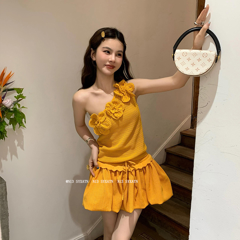N13 Syxatn/Dopamine Stereo Crochet Shoulder Vest 2026 Spring and Summer Knitted Cut Out Skirt Suit for Women