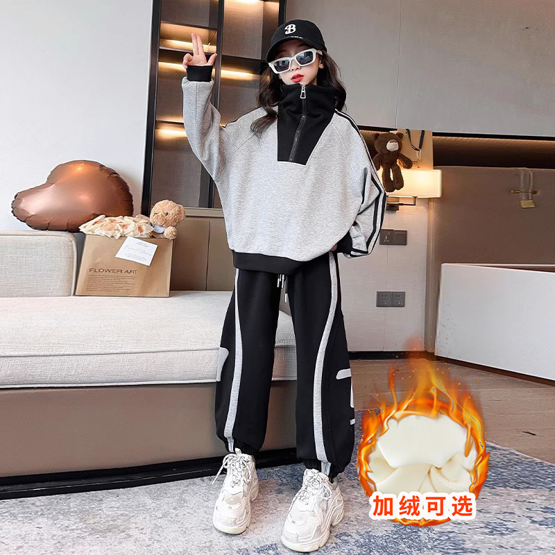 Girl Sports Necropolis Suit Spring Autumn Season 2023 New CUHK Children Foreign Gas Plus Suede Loose Leisure Two Sets-Taobao