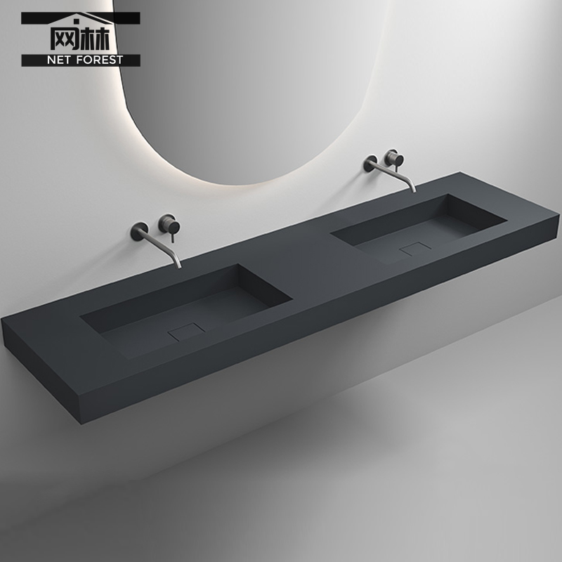 Matt black artificial stone double tank washbasin hanging wall-style bathroom Terri basin Qi Mei-stone integrated stage washbasin custom