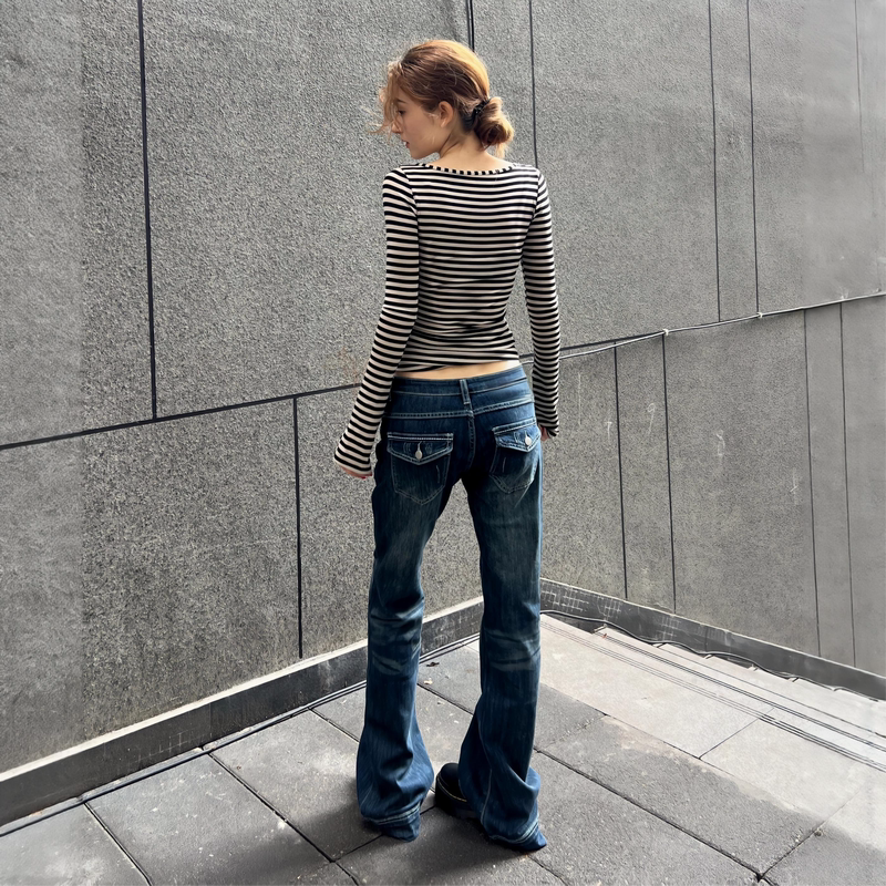 Myfaerie~Yi Mengling's Same Style Retro Blue Low-Waisted Flared Jeans for Petite Women, Stretchy Bell-Bottom Pants