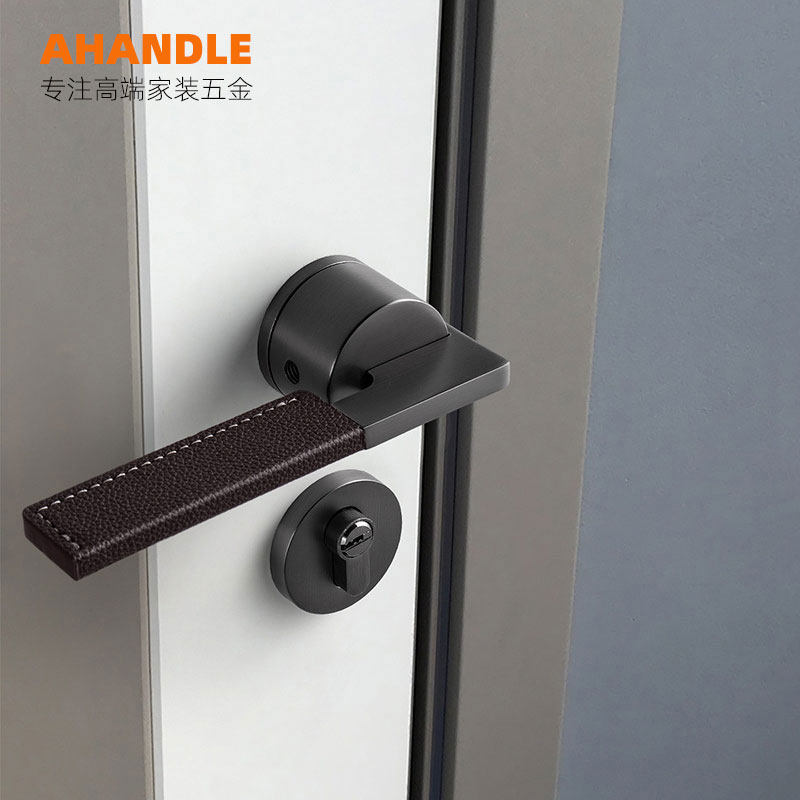 Genuine Leather Door Lock Leather Door door Leather American Extreme Light Luxury Indoor Silent Black Nickel Two-piece Lock