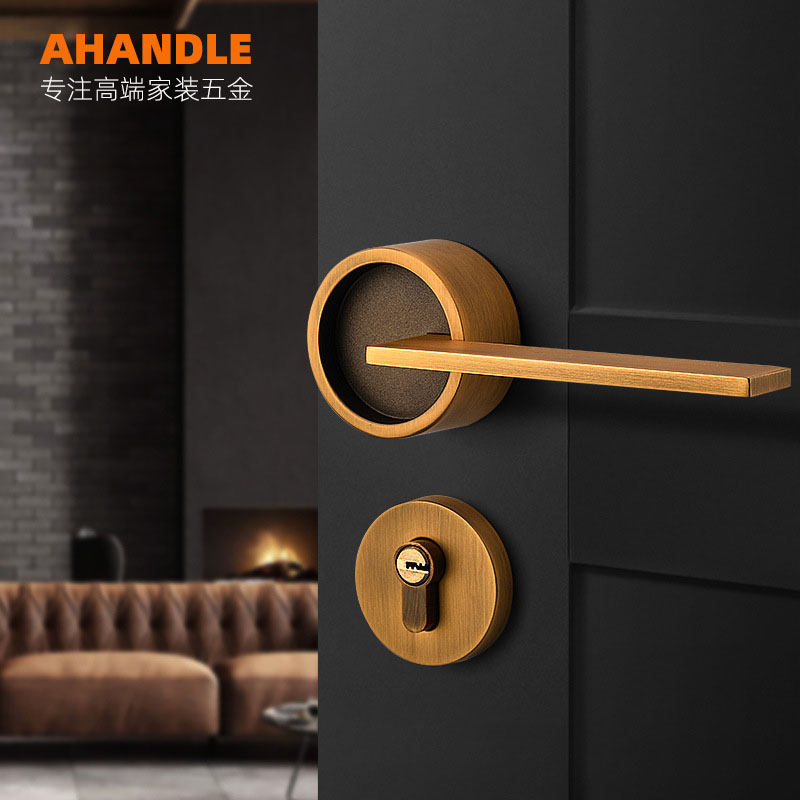 Nordic bedroom door lock room silent solid wooden door lock modern simple plate lock brass bronze American room door lock