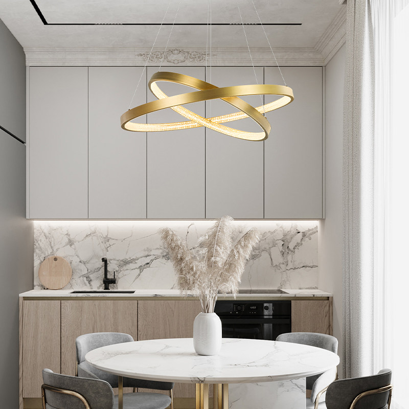 All copper dining table chandelier extremely simple modern retro atmosphere circular Nordic large flat bedroom living room dimming lamp