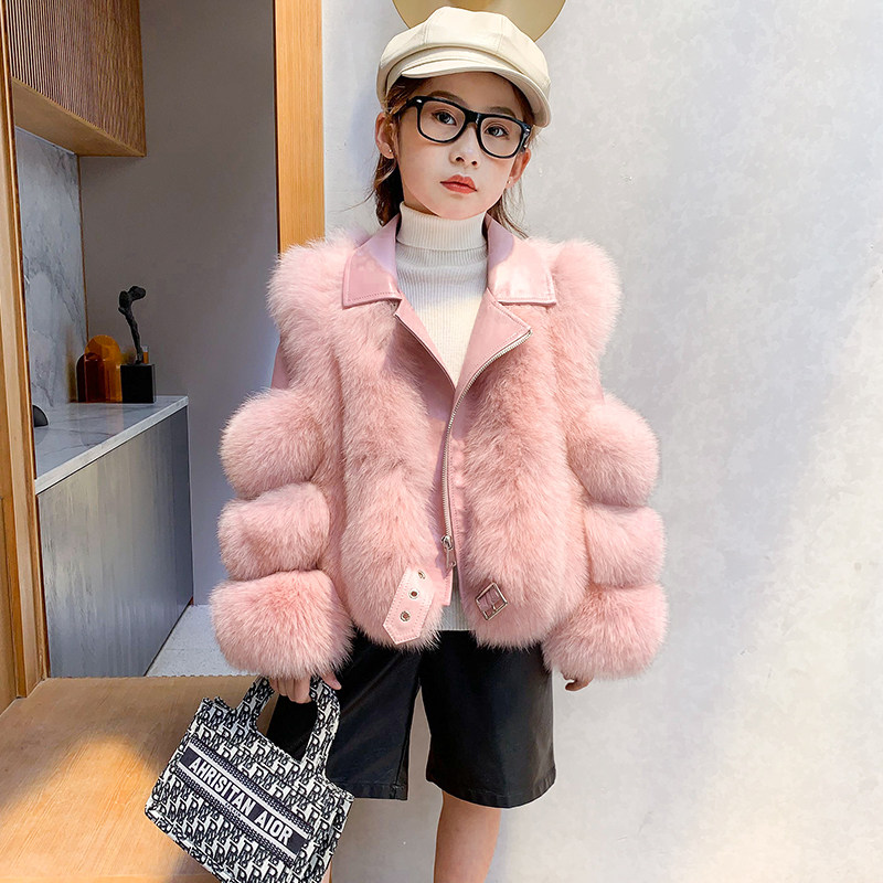 2020 Winter New Children Locomotive Whole Leather Fox Fur Grass Coats Fur Integrated Girl Model Walking Show Wave
