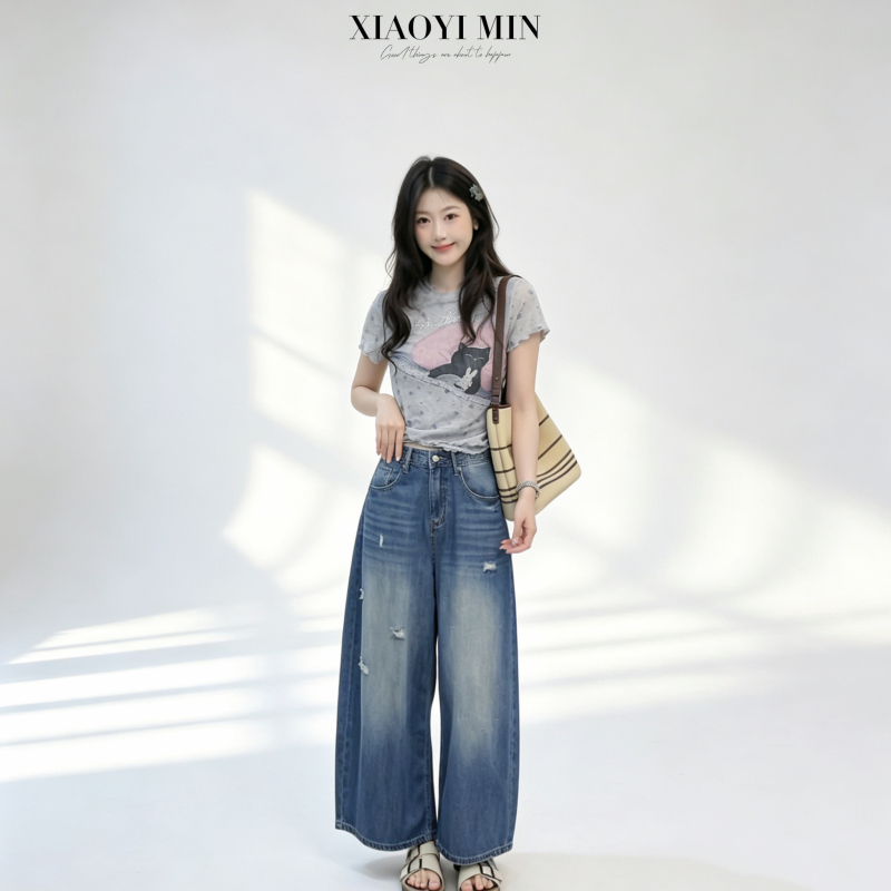 【Min Xiao Yi】Loose-Fitting High-Waisted Ripped Denim Pants for Women, Summer Style, Slimming Blue Long Pants, New Model
