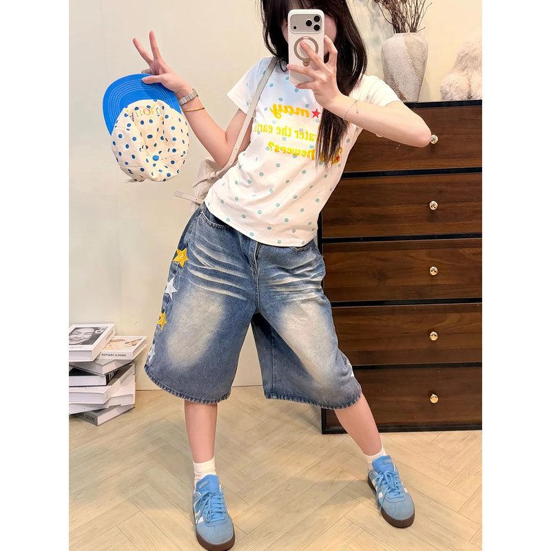 Plus-Size Women's Washed Vintage Wide-Leg Denim Capri Pants with Star Embroidery for Summer