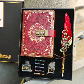 Retro Combination Lock Notebook Set Gift Box, Artistic Vintage Notebook with Mechanical Feather Pen