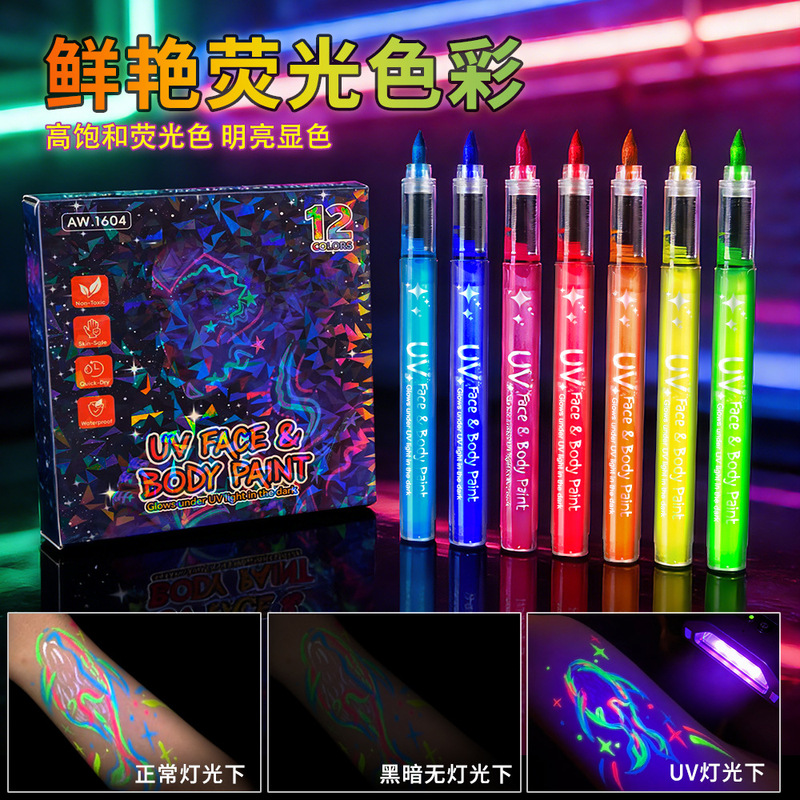 Uv Body Painting Temporary Tattoo Pen for Parties and Music Festivals, Washable Fluorescent Pen, Colorful Glow-In-The-Dark Pen, Safe for Children
