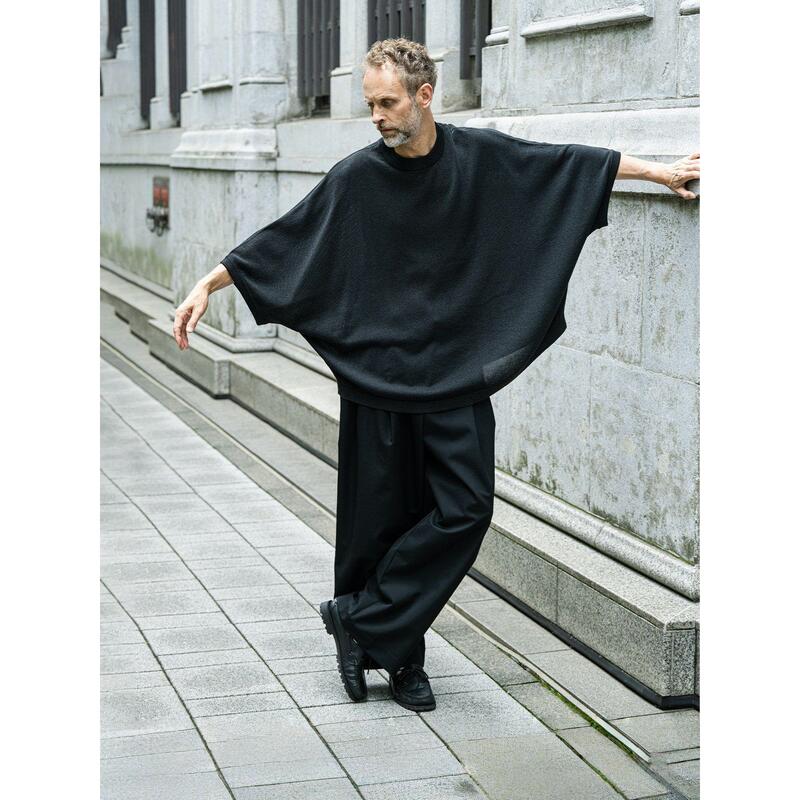 Jiuyema Designer Black Batwing Sleeve Knit T-Shirt for Men, Loose, Breathable, Dry and Thin Top