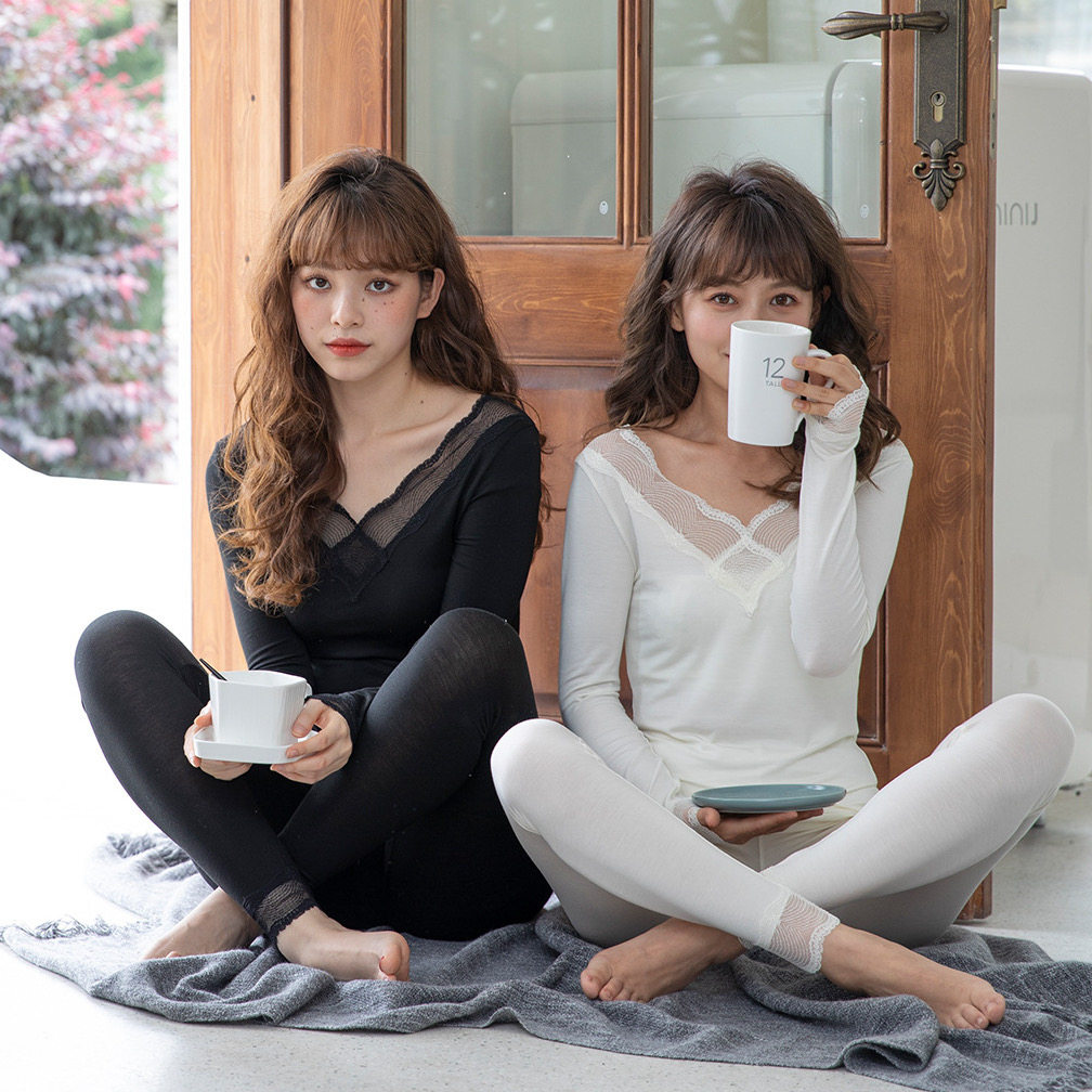 Lace side warm ultra-thin underwear one-piece suit modal autumn clothing long johns wearing pure cotton v-neck sexy solid color