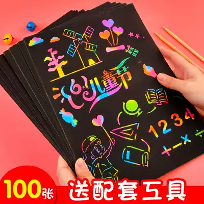 100 scraping paper set 16K color graffiti paper painting paper drawing paper black scraping paper drawing scrape painting paper colorful color changing Children Art a4 bamboo pen handmade creative painting kindergarten hanging painting paper