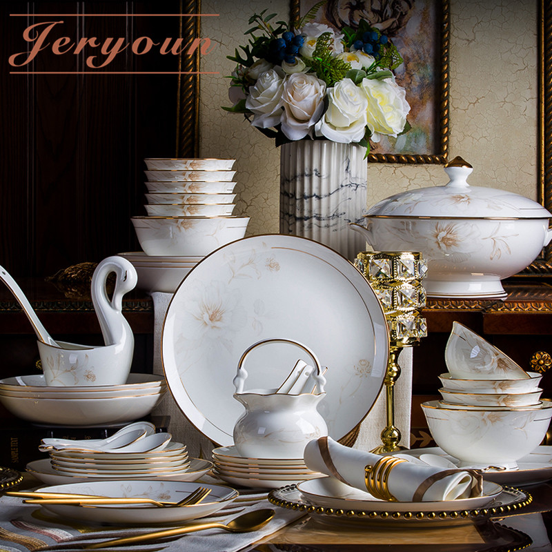 JERYOUN Jingdezhen cutlery set of cutlery sets bowls trays Home European style upscale Bone Porcelain Sets of Porcelain Bowls and Dish Suits
