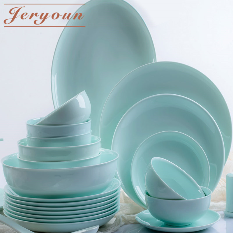 Jingdezhen Ceramic Green Porcelain Cutlery Cutlery Set Green Porcelain Bowl and Dish Suit Home Chinese Light Lavish Minimalist Bowl tray Composition cover