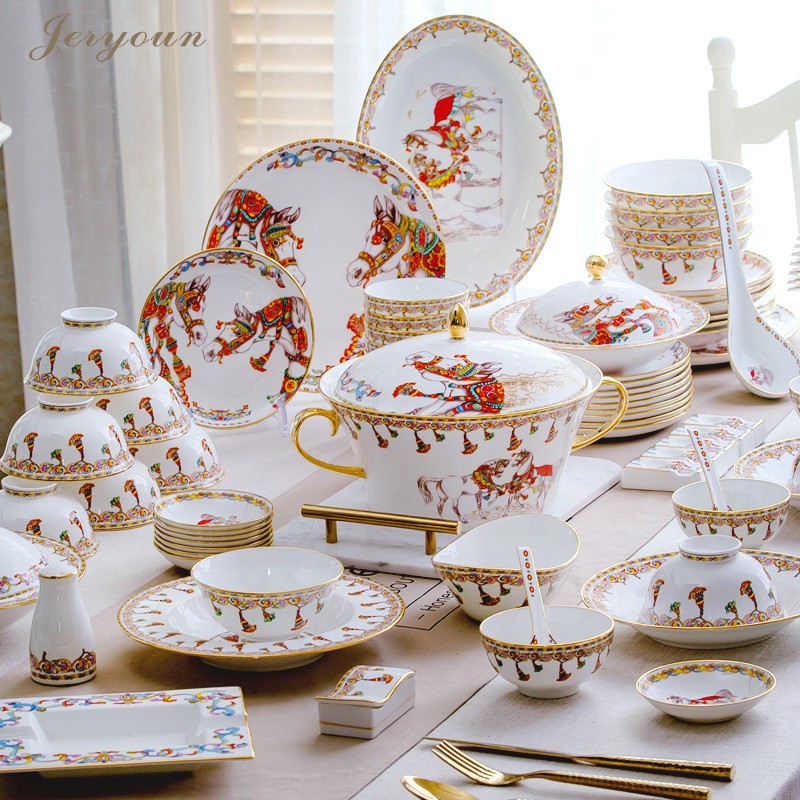 JERYOUN Jingdezhen high-end American tableware dish set Household combination gift housewarming hotel club