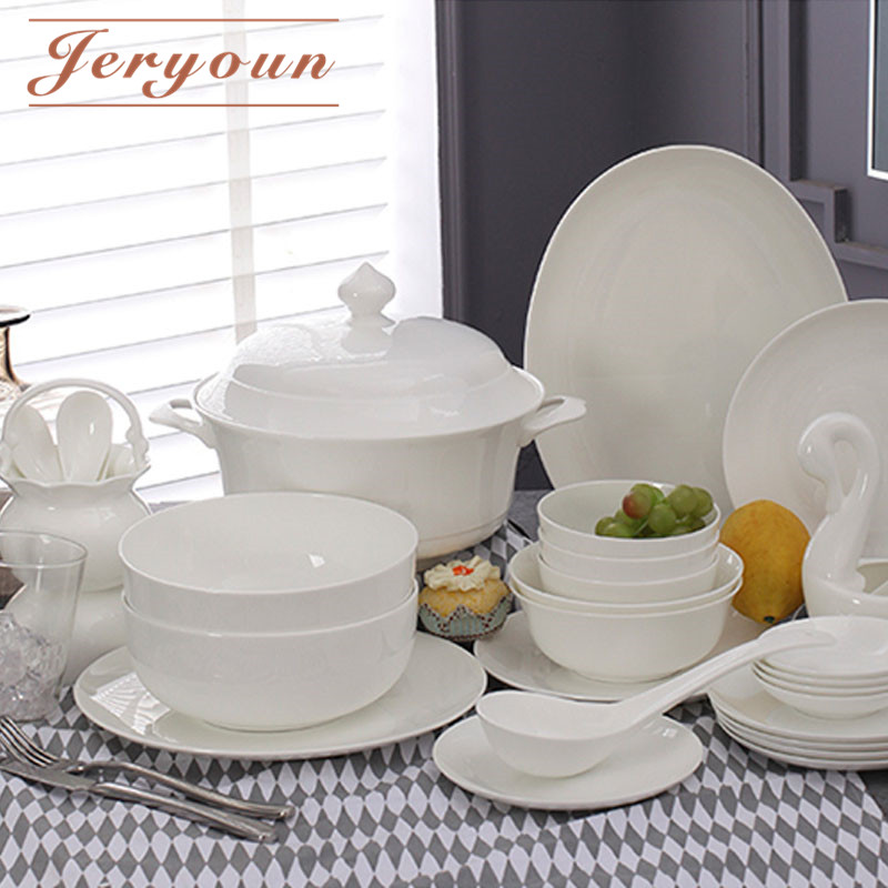 JERYOUN Jingdezhen high-grade bone china cutlery set European simple pure white household cutlery set bowl and plate gift