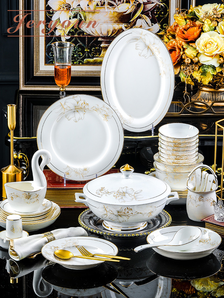 Jingdezhen Bone China Porcelain Bowl disc suit Home Dish Tableware Set Group Bone porcelain sketching Brief Yoo-style Bowl Tray Composition