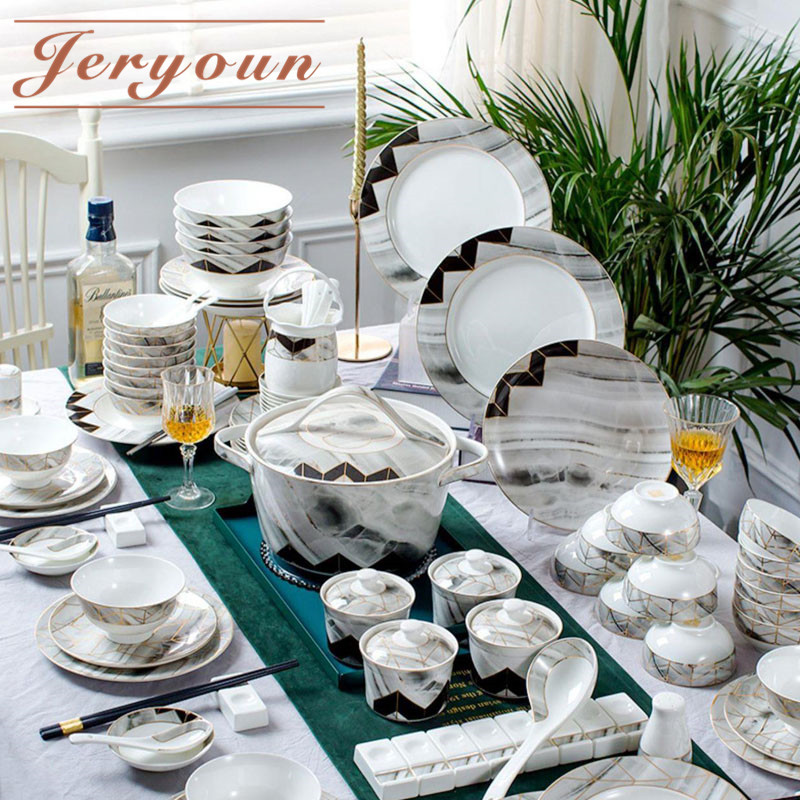 Jingdezhen Nordic light extravagant cutlery dishes Bone China Porcelain Phnom Penh Marble Dishes for Home Bowls Sauces