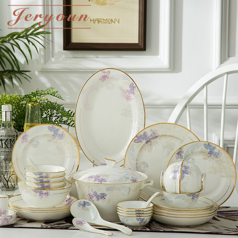 Jingdezhen Palace Palace High-end Bone China Porcelain Tableware Suit Bowls and dishes Home European Style Light Lavish Butterfly Wedding Jo Relocation Gift