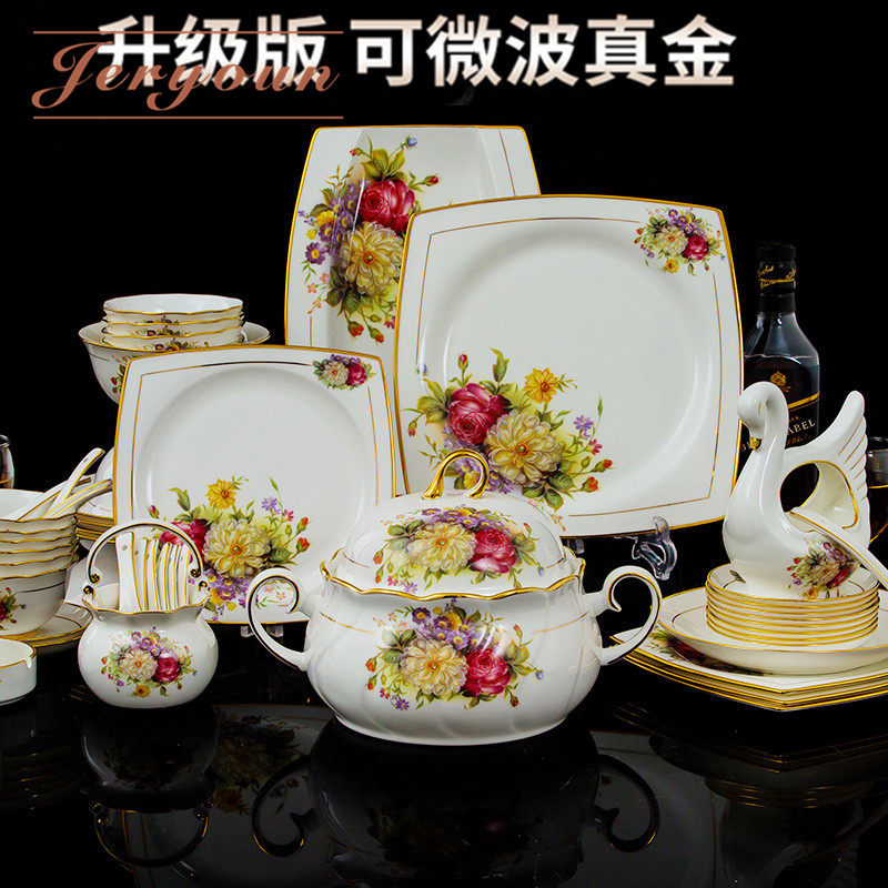 Jingdezhen Ceramic dishes Bowl Combined Upscale Bone China Porcelain Cutlery Suit Eu Style Dishes Suit Home Wedding Gifts