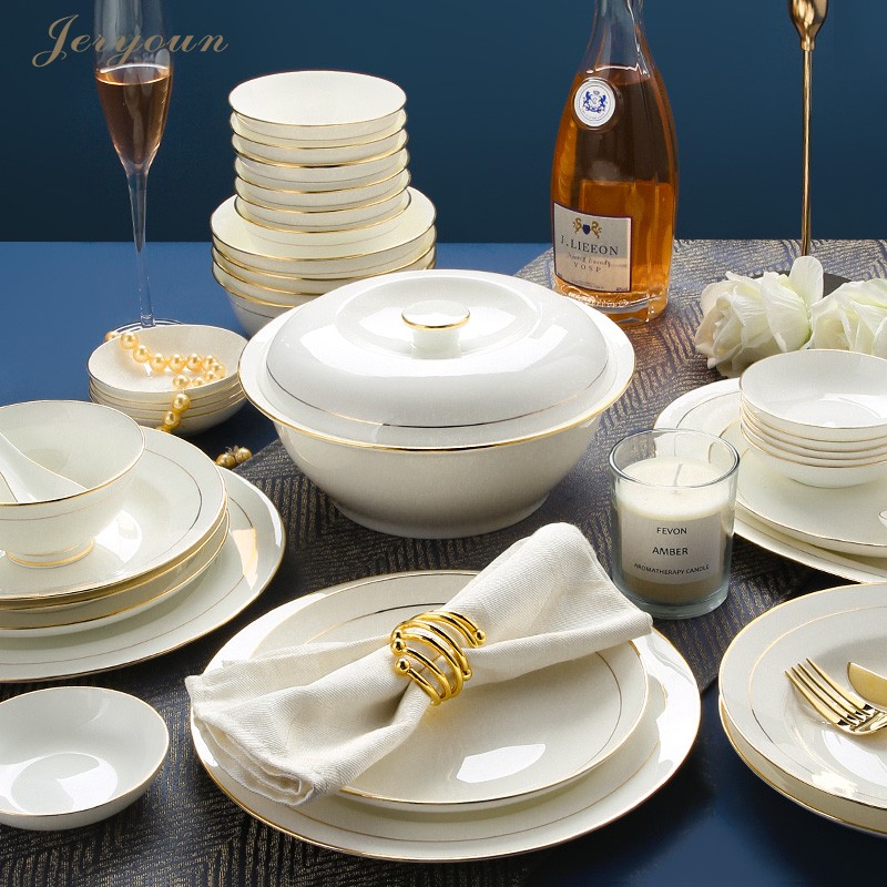 jin bian wan plate combination of high-end bone porcelain dishes set household jingdezhen ceramic tableware creative minimalist light luxury