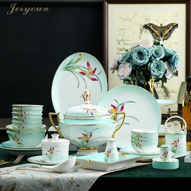 Jeryyoun Jingdezhen Chinese-style upscale Dish Suit 88 Head sketching Golden Bone Porcelain Bowl plate Home Hotel Clubhouse