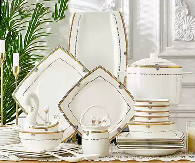 JERYOUN Jingdezhen European-style bone China tableware set Household Chinese creative bowls, plates, chopsticks and dishes combination gifts