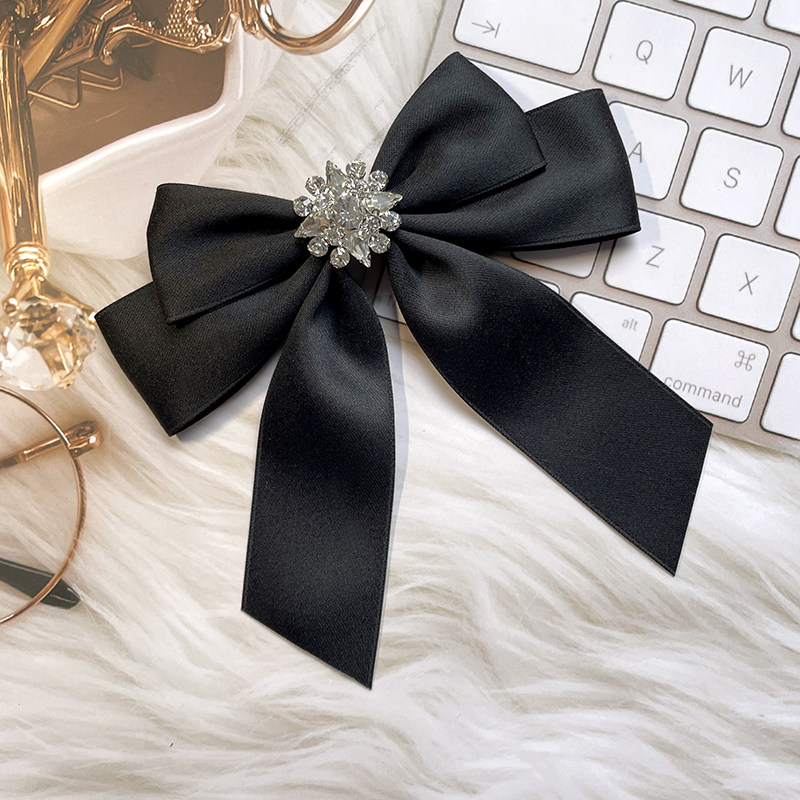 Vintage rhinestone bow brooch, black polyester-cotton collar bow brooch, women's blouse accessory, workwear, collar flower