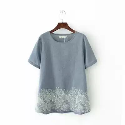 Fat plus size middle-aged and elderly women's embroidery hollow summer thin cotton linen loose 200kg mother short sleeve t-shirt
