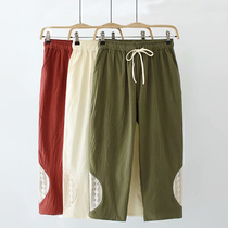 Plus fat plus middle-aged elderly fat mothers pants straight cotton stitching solid color 180200 casual seven-eighth pants