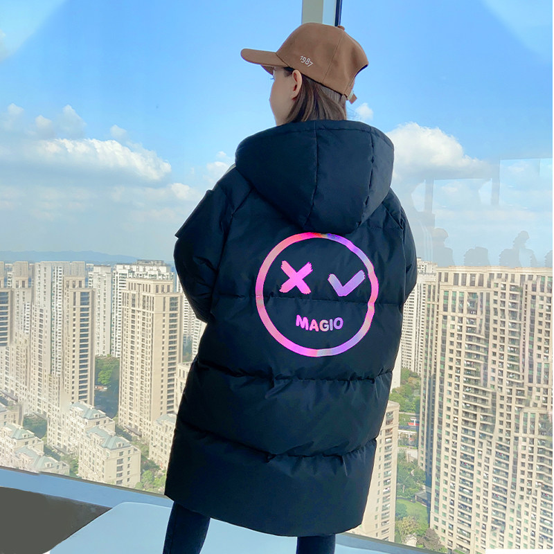 Girls down jacket mid-length 2021 foreign gas Korean version of the big boy handy hood light white duck down thick jacket