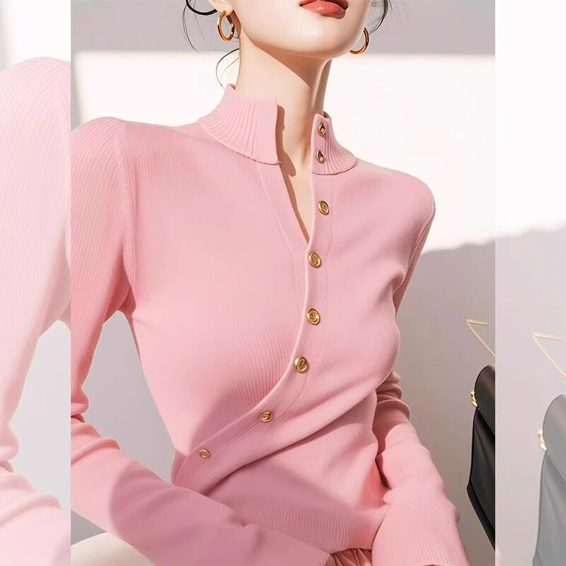 韩系chic别致减龄粉色长袖针织衫女2024早秋超好看修身显瘦打底衫