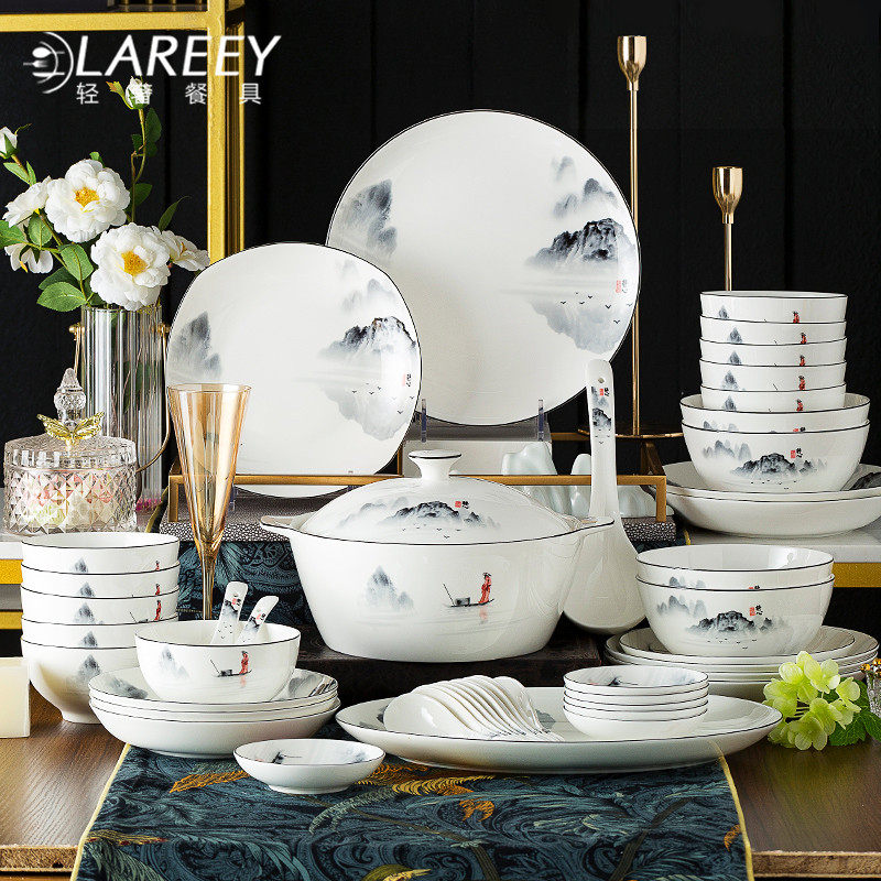 LAREEY new Chinese bone china tableware set dishes and dishes set household ink style rice bowl combination glaze
