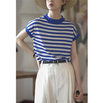 Summer French-Style Nautical Striped Regular Shoulder T-Shirt, Knitted Short-Sleeve Women's Unique Design Loose Top, Pullover, Ice Silk Thin