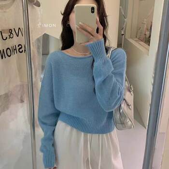 Klein Blue Gentle and Soft Mohair Knit Sweater for Women, New Spring Style, Off-Shoulder Base Layer Sweater Top