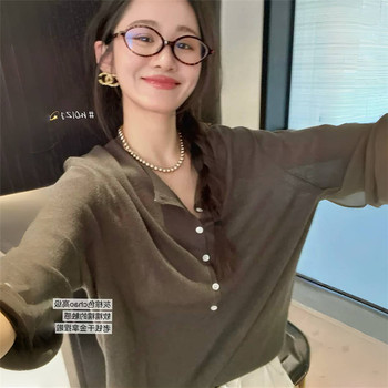 Brown Ice Silk Mask Long-Sleeve T-Shirt for Women, Summer Thin Tencel Henry Collar Lazy Sun Protection Cover-Up Outerwear Top