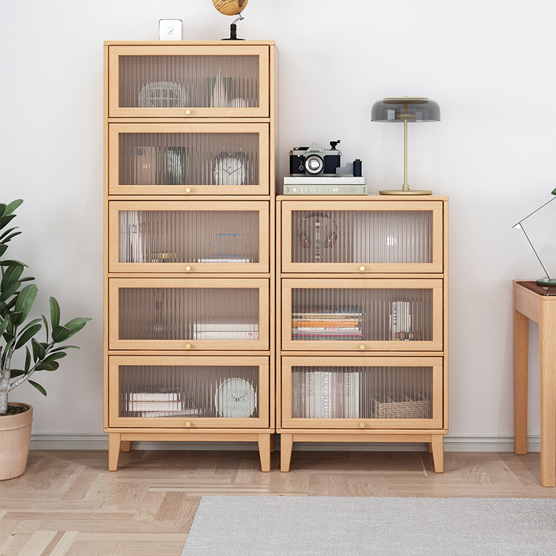 All solid wood bookcase storage cabinet Nordic floor bookshelf modern minimalist with door glass door dustproof American storage cabinet