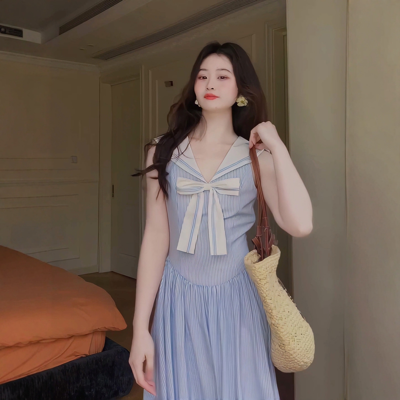 Gentle Style Navy Collar Blue Striped Sleeveless Dress for Women Summer 2026 Bow Tie Waist Slimming Elegant Long Dress