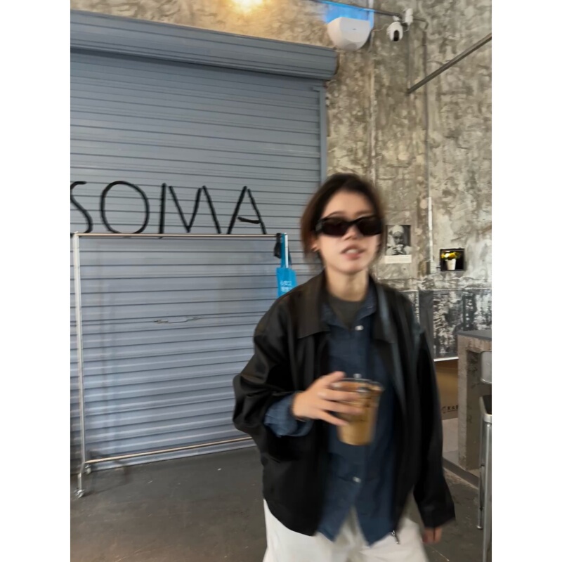 Jmhh【Soft Egg】Cool and Stylish American Retro Leather Jacket for Women, Spring and Autumn Pu Leather Black Slim-Fit Leather Jacket